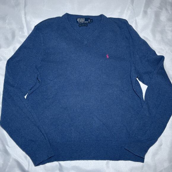 Vintage Polo Ralph Lauren Knit Lambs Wool V-neck Sweater Men L Blue w/ Pink Pony - Picture 1 of 7